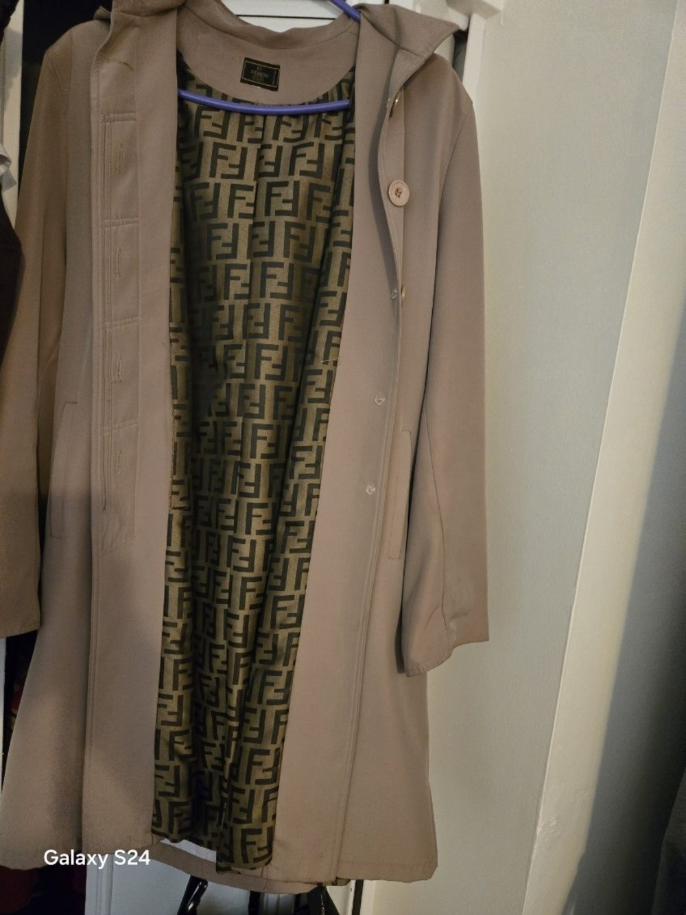 Fendi Monogram Lined Hooded Coat in Taupe